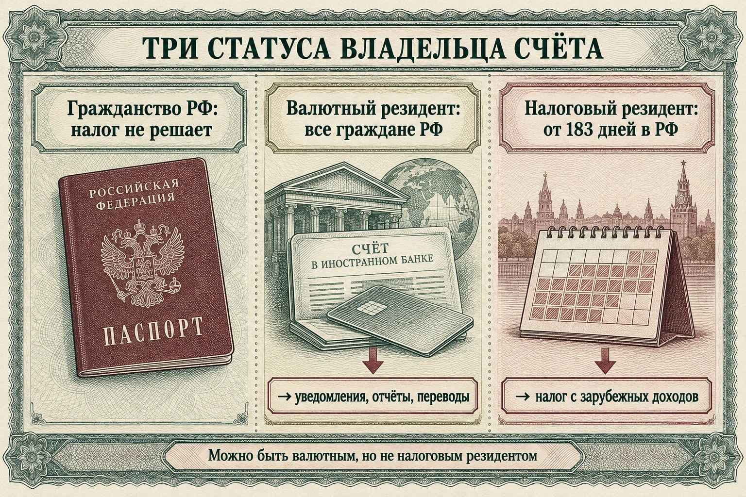 Схема в виде отрывного гербового бланка из трёх колонок: гражданство с паспортом, валютное резидентство со счётом и налоговое резидентство с календарём, у последних двух стрелки к последствиям.