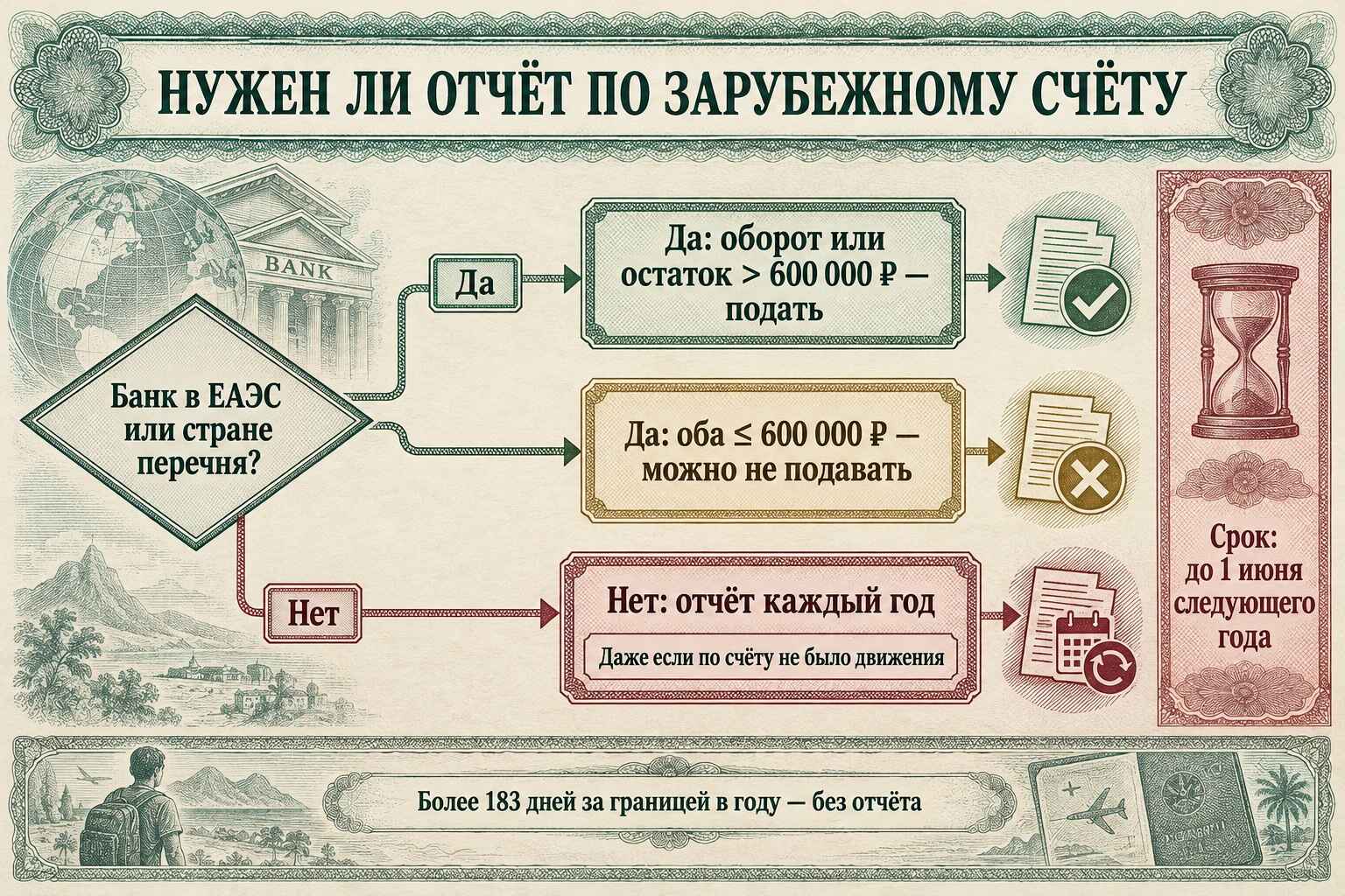 Схема-развилка в стиле банковского бланка: вопрос о стране банка ведёт либо к проверке порога 600 000 рублей с вариантами «подать» и «можно не подавать», либо к обязательному ежегодному отчёту.