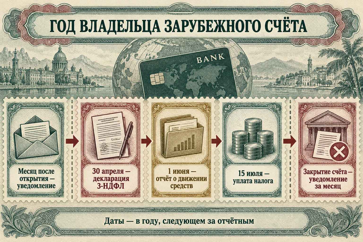 Лента из пяти отрывных квитанций со штрихованными пиктограммами: уведомление в течение месяца после открытия счёта, декларация к 30 апреля, отчёт к 1 июня, уплата налога к 15 июля и уведомление при закрытии счёта.
