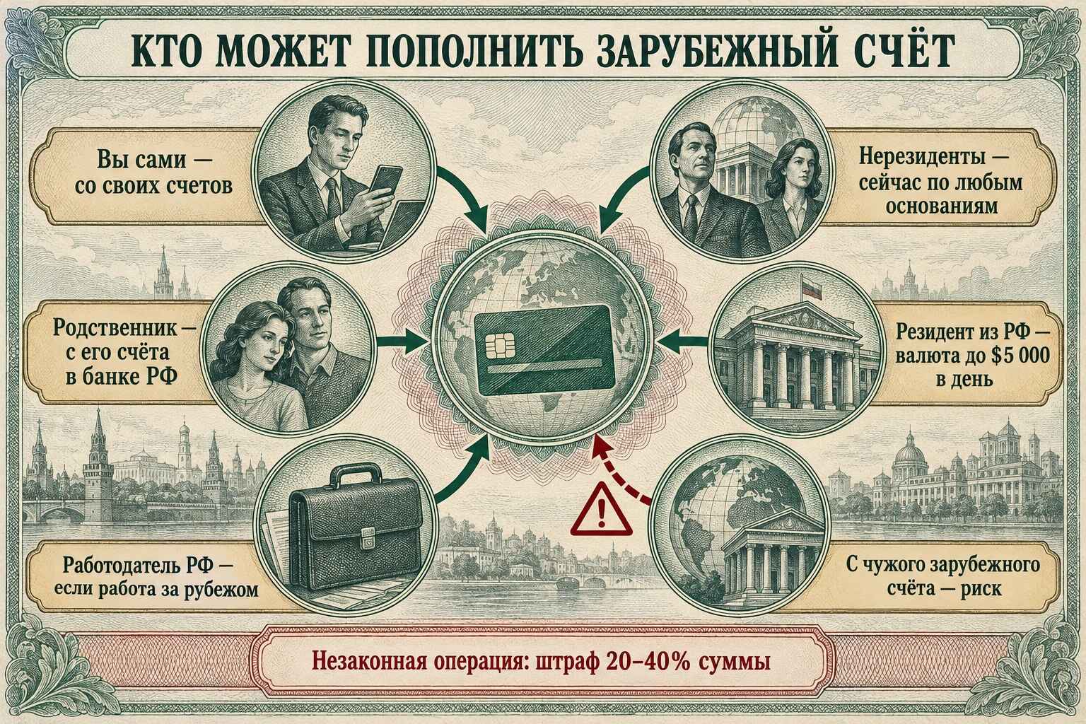 Гравированная схема: в центре розетка с банковской картой, вокруг шесть медальонов-источников денег. Пять соединены с центром сплошными зелёными стрелками, перевод со счёта другого резидента за рубежом — прерывистой красной стрелкой со знаком предупреждения.